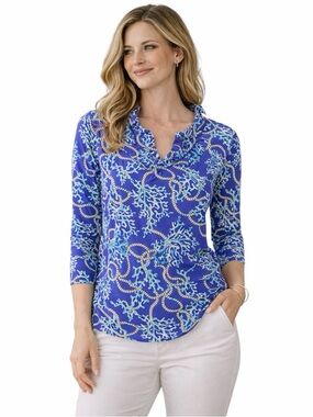 Lulu-B XS Blue Coral Rope Print Top 3/4 Sleeve Resort Coastal Blouse